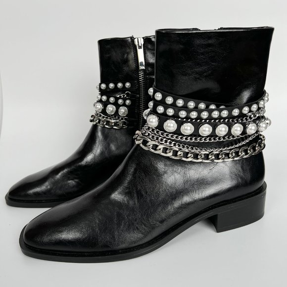 New Zara Short Heel Ankle Boots Pearl Beads Chains Leather Booties Combat Riding - Picture 2 of 14